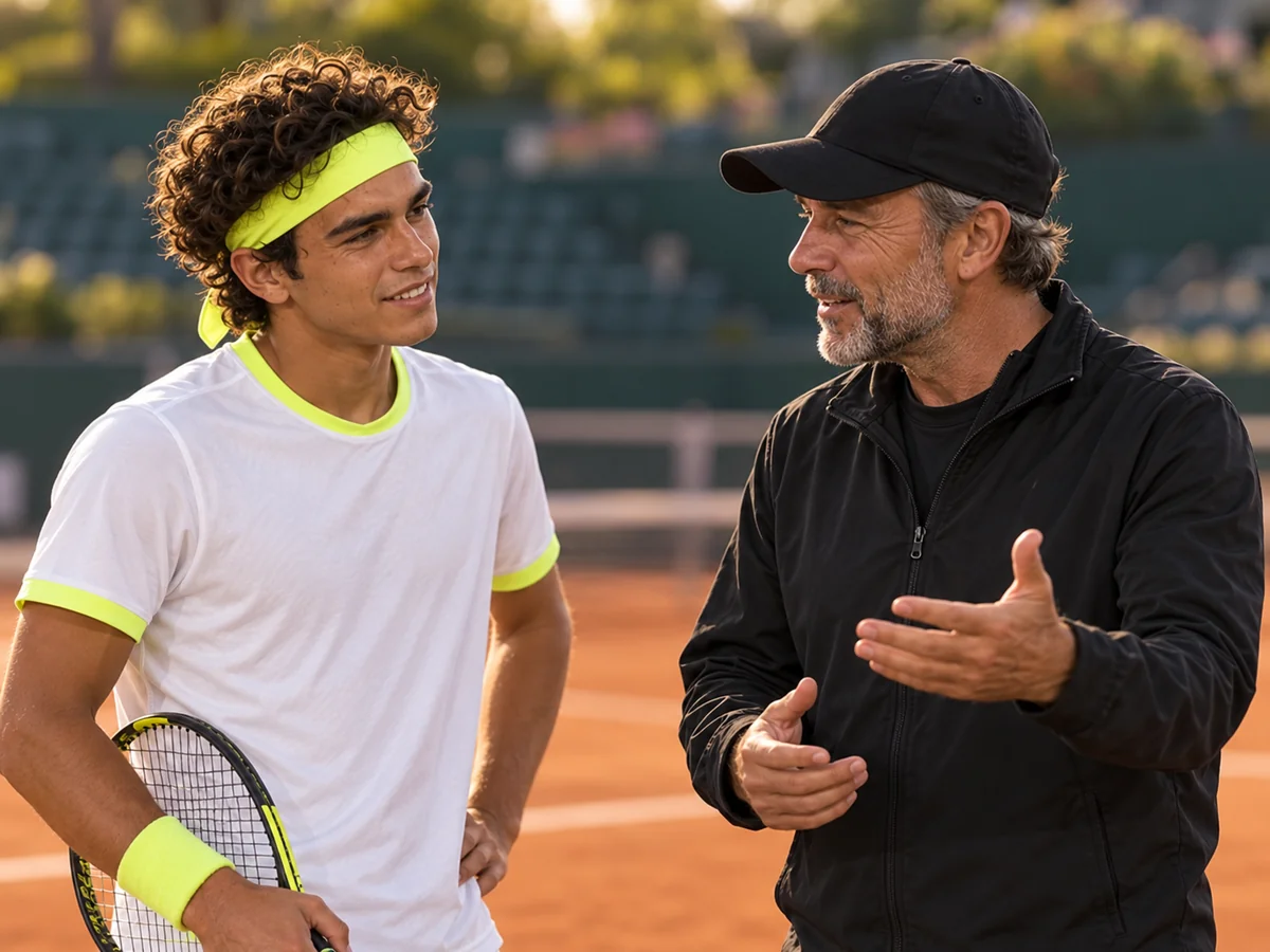 Hugo écoute les conseils de son coach au bord du court, raquette à la main