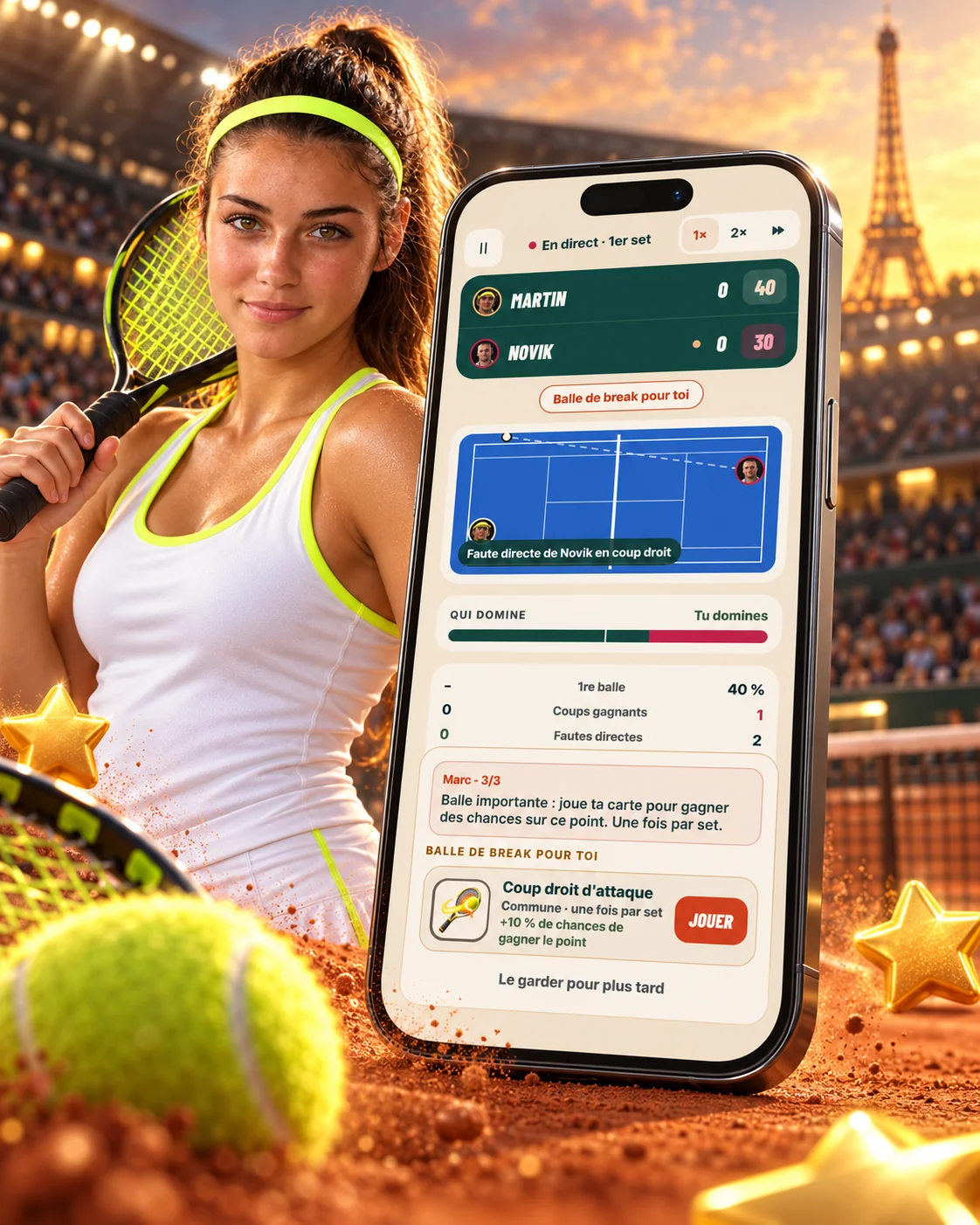 Lina sur un court parisien au soleil couchant, avec On Tour mis en scène sur un iPhone