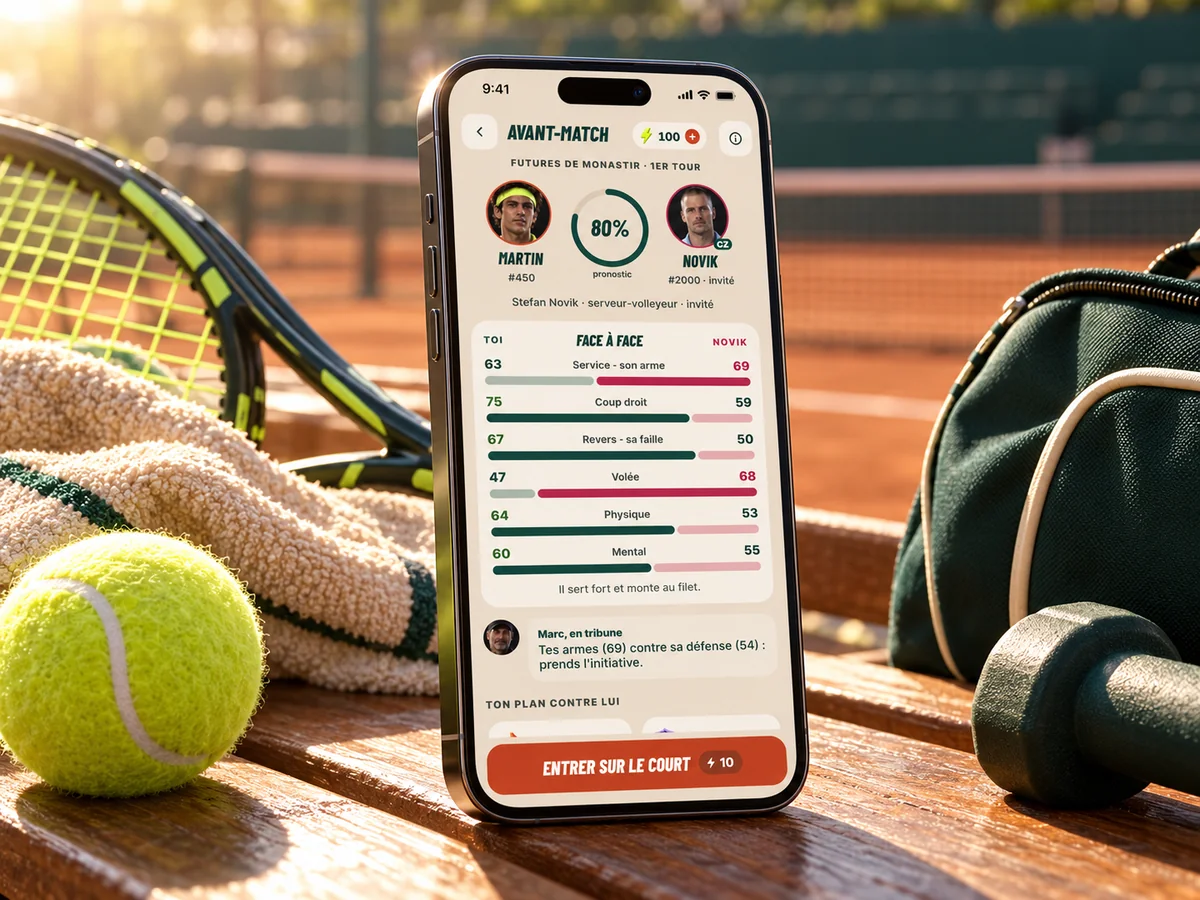 La préparation du match sur un iPhone, posé parmi les affaires de tennis