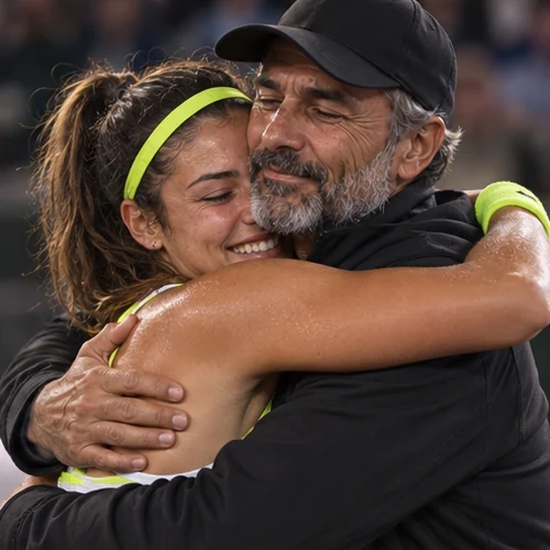 Lina et son coach célèbrent une victoire ensemble